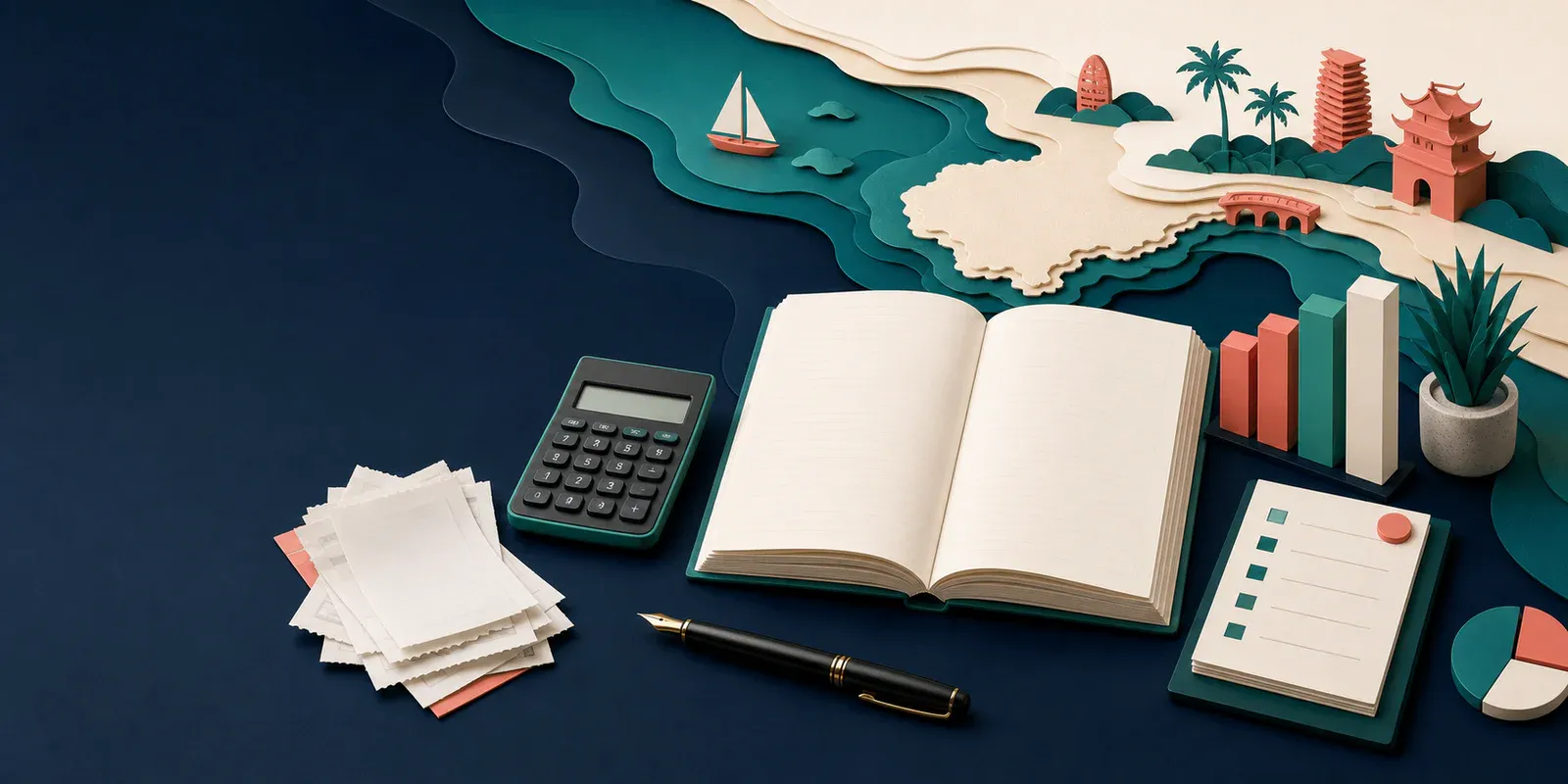 Paper-cut illustration of a bookkeeping ledger, calculator, receipts, checklist and financial charts beside a Hainan coastline