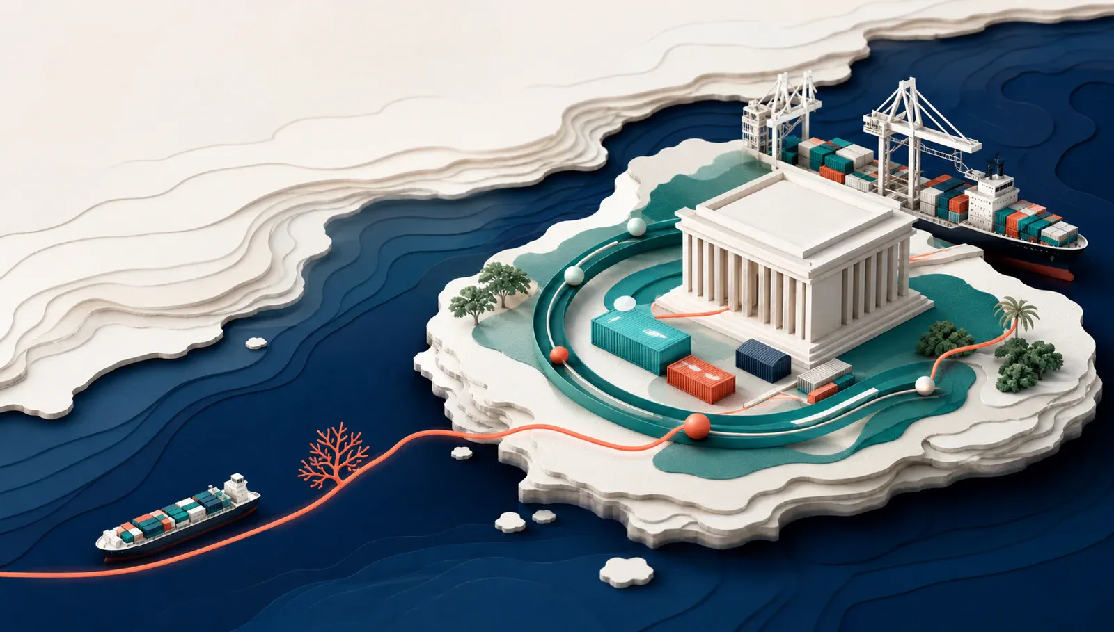 Paper-cut illustration of Hainan connected to container ships, a port, financial infrastructure and cross-border routes