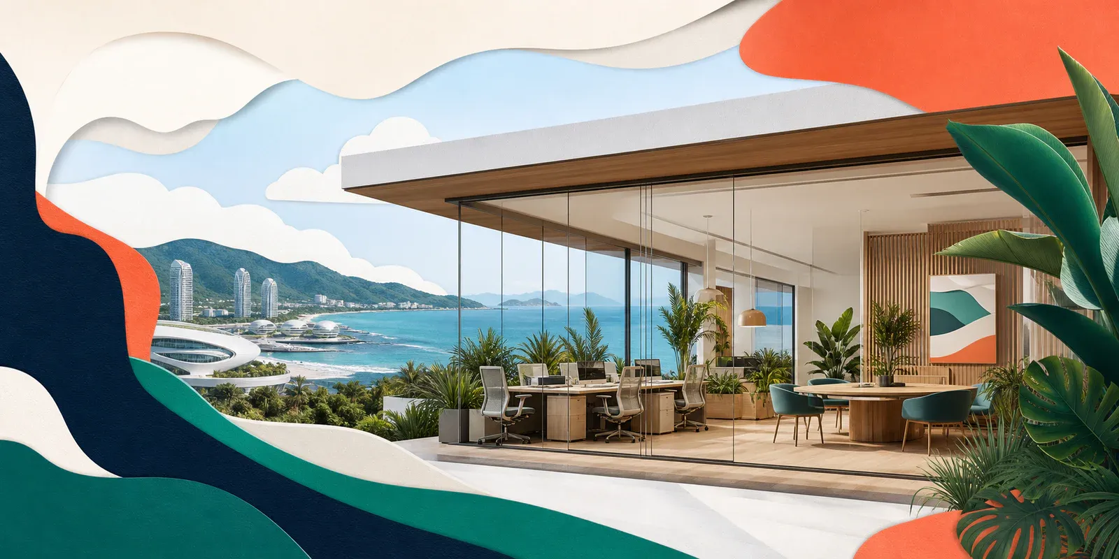 Concept illustration of a modern glass office with desks and tropical plants overlooking the Hainan coast