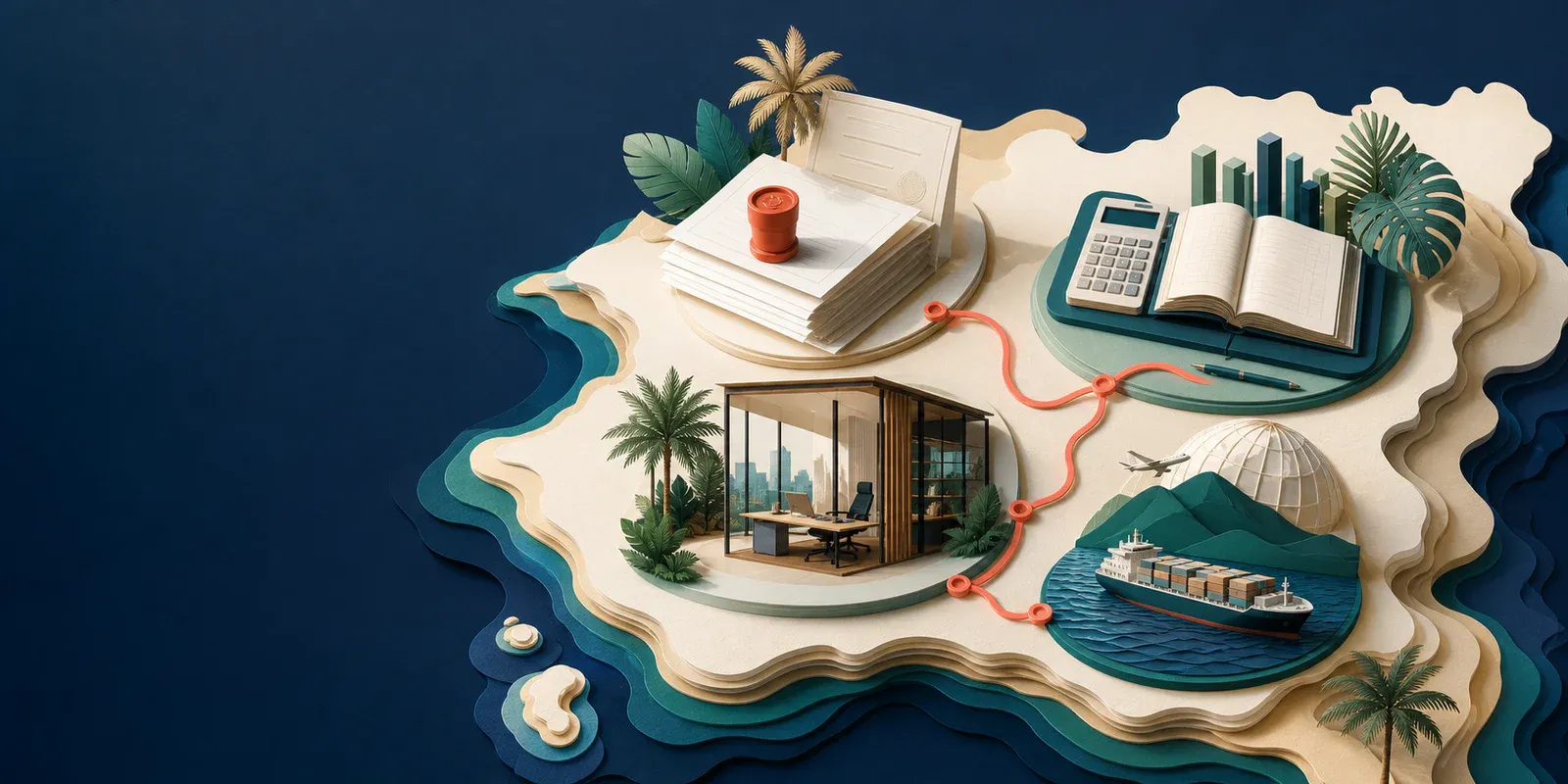 Paper-cut illustration connecting Hainan company registration, accounting, workspace and cross-border trade services